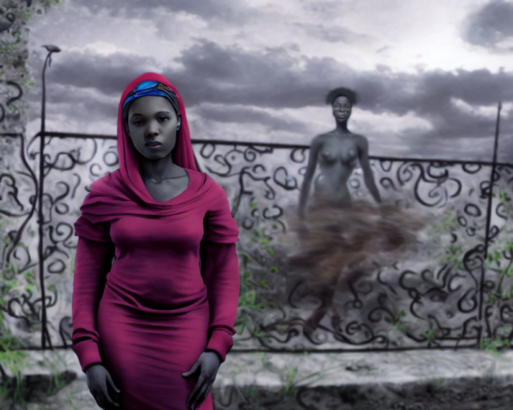 Woman in pink dress against stormy sky with blurred figure