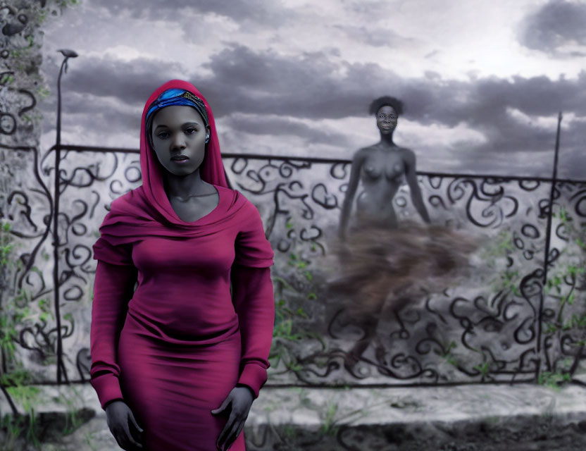 Woman in pink dress against stormy sky with blurred figure