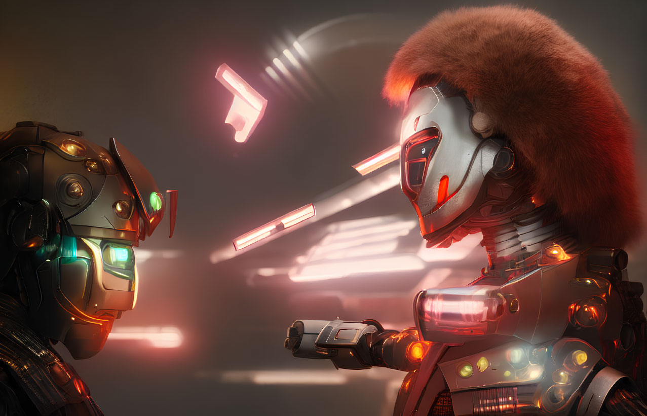 Futuristic robots with glowing elements in warm lighting, one with red furry collar and weapon