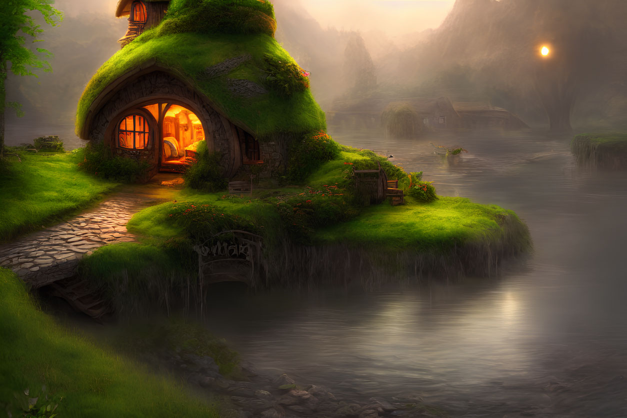 Thatched Roof Cottage in Misty Landscape by River at Sunset