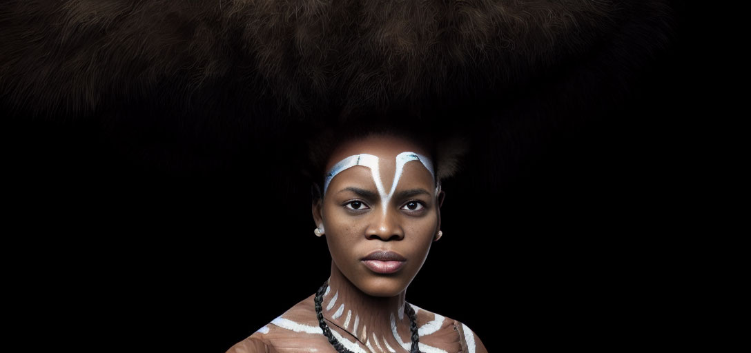 Woman with white tribal face paint and dark feathery headdress on black background