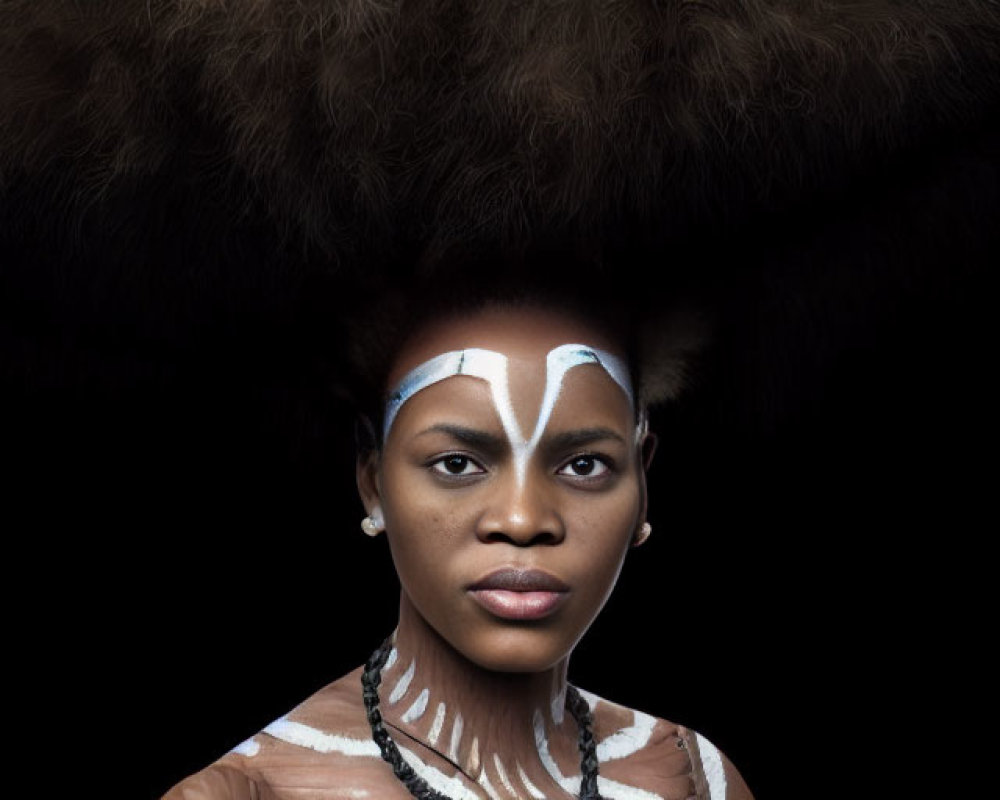 Woman with white tribal face paint and dark feathery headdress on black background