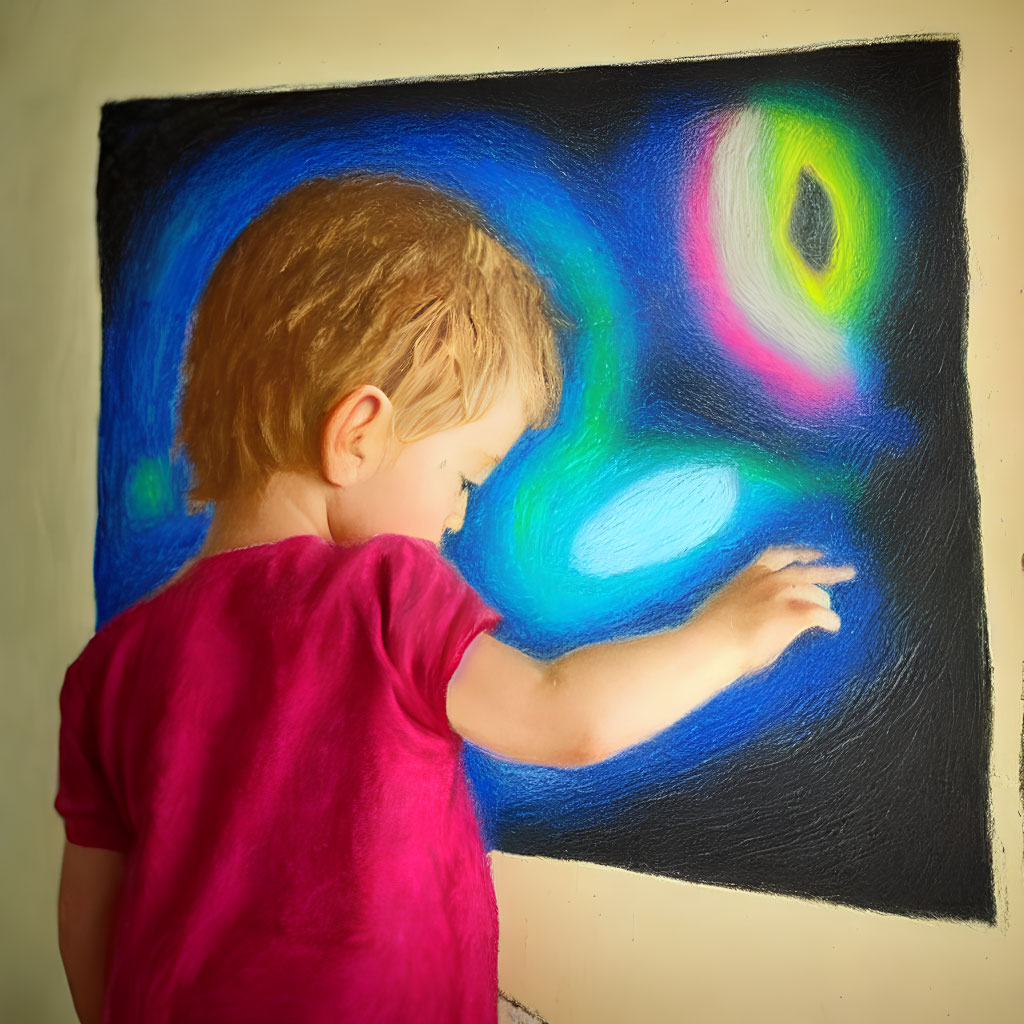 Child in Pink Shirt Reaches for Colorful Chalk Drawing