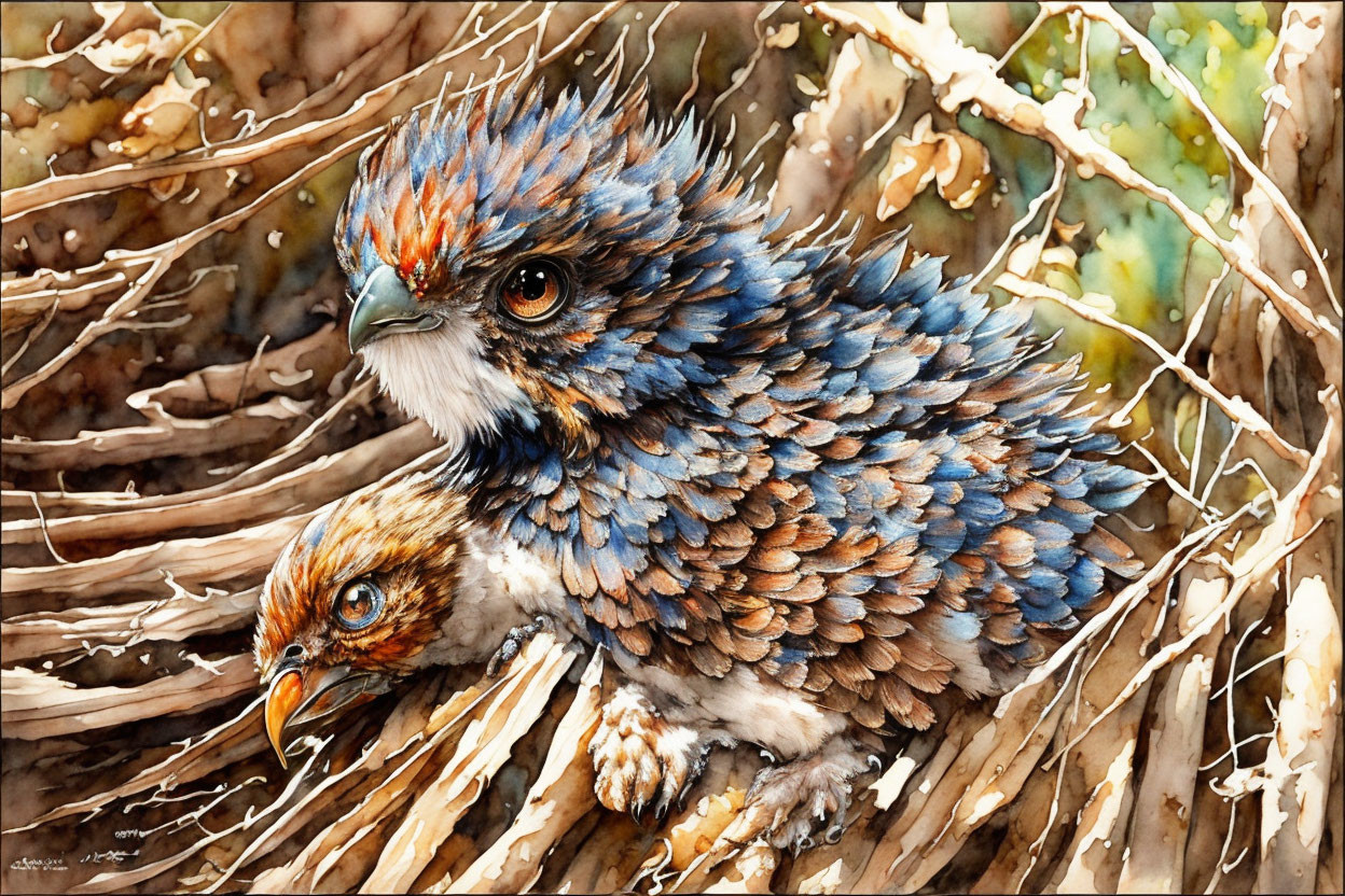 Whimsical bird watercolor painting with blue and brown feathers