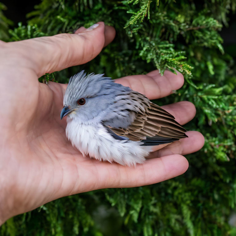 Fluffy grey and white bird perched on hand with green foliage