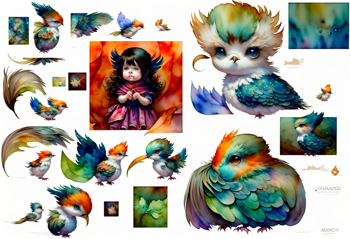 Colorful Stylized Birds and Fantasy Girl with Feathers Collection