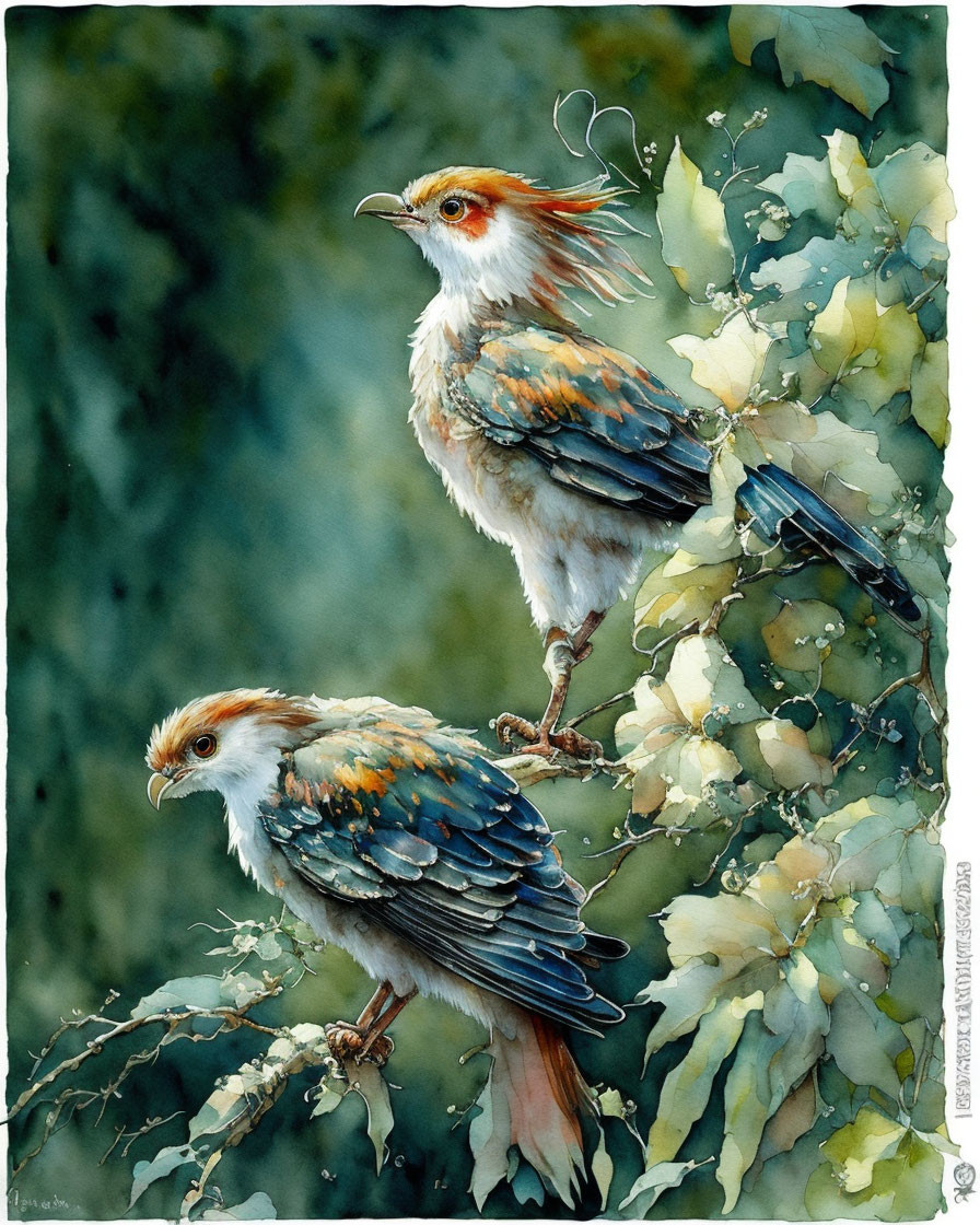 Stylized birds with crested heads in blue and brown plumage on branches.