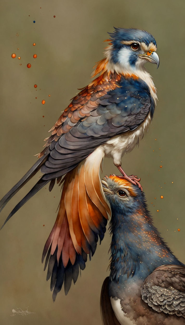 Illustration of two birds with combined hawk and peacock features.