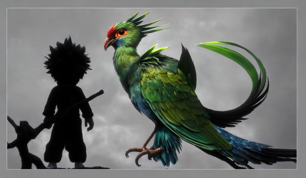 Silhouette of boy with spiky hair facing vibrant green bird under cloudy sky