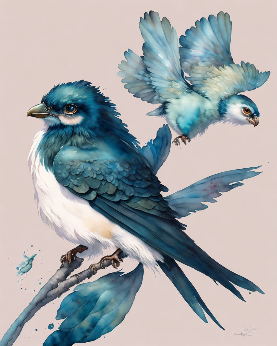 Stylized birds with vibrant blue plumage on neutral background