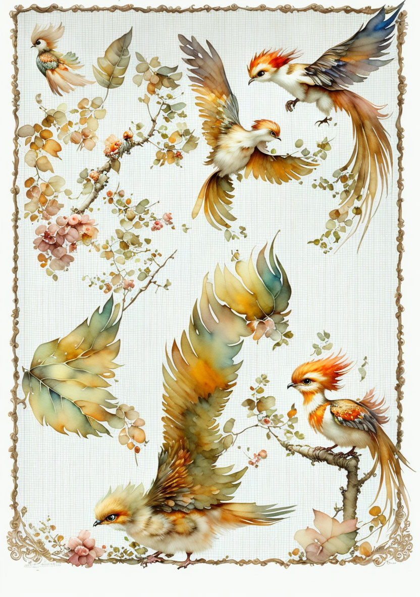 Colorful Stylized Birds Among Flowering Branches in Ornate Border