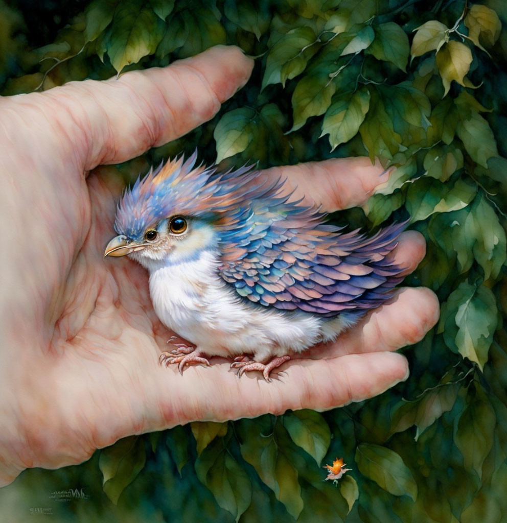 Fluffy blue baby bird on hand with green leaves background