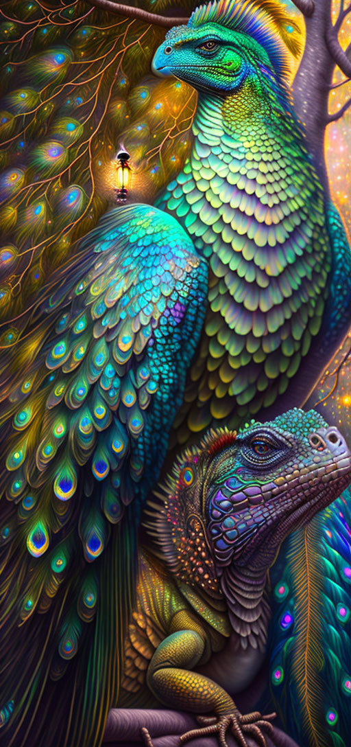 Colorful artwork: Two mythical creatures with iridescent feathers under a glowing tree