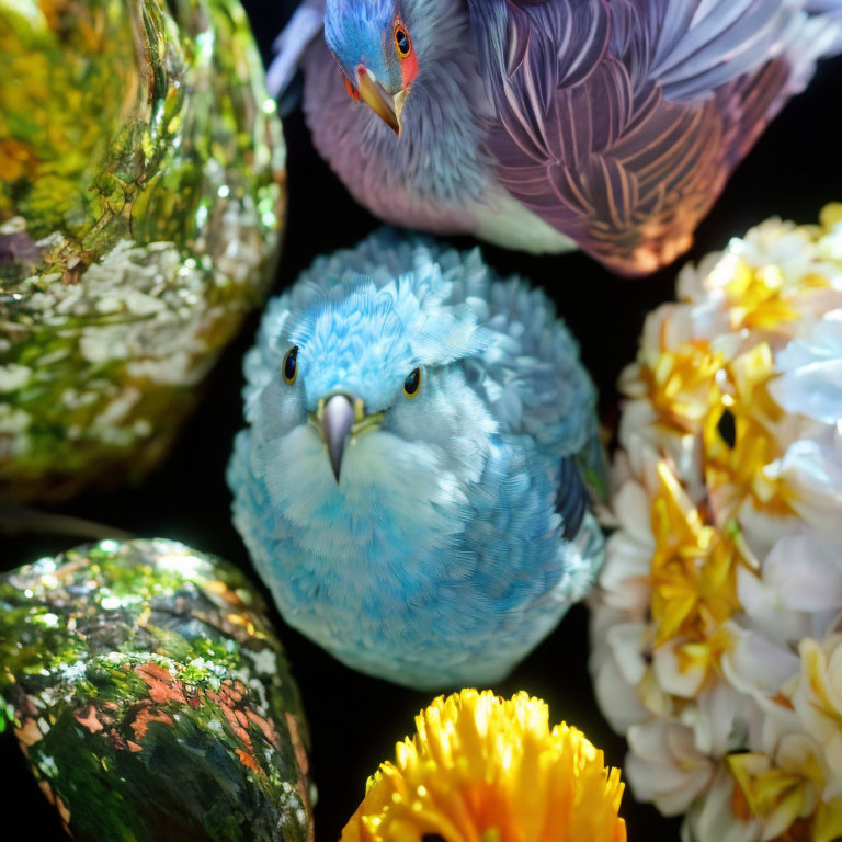 Vibrant Blue Bird Surrounded by Colorful Flowers