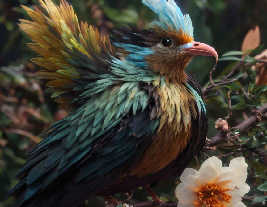 Colorful Bird with Iridescent Feathers Next to White Flower