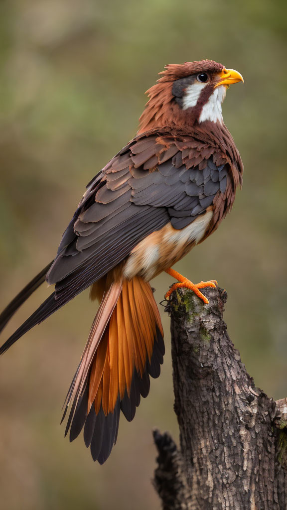 Colorful bird with brown crest, white throat, and orange tail perched on tree stump in green