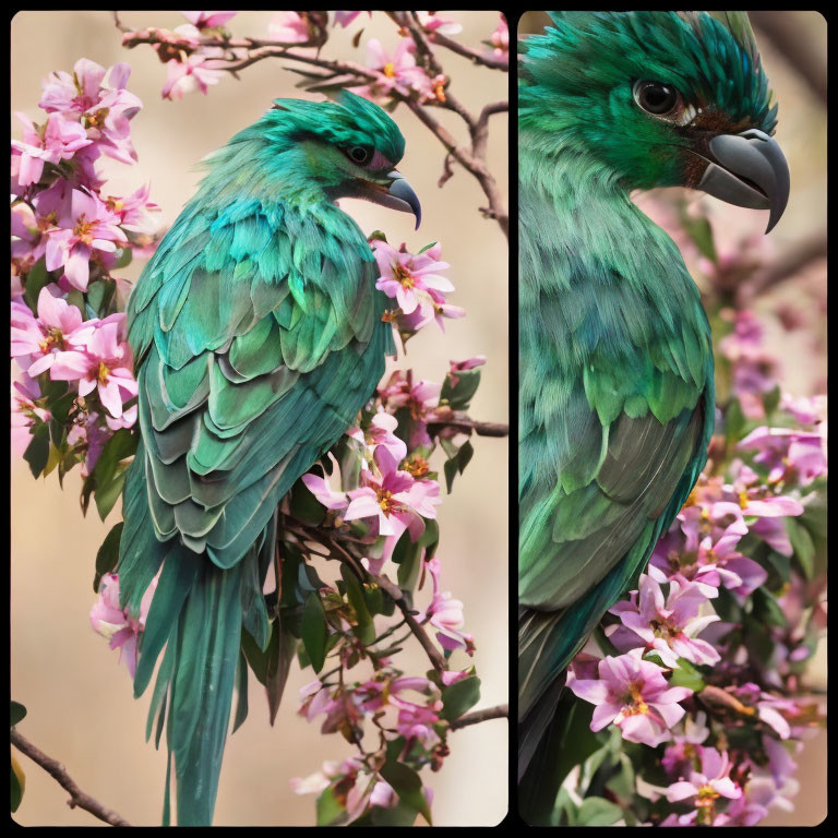 Teal bird with plumed head amidst pink blossoms and intense gaze