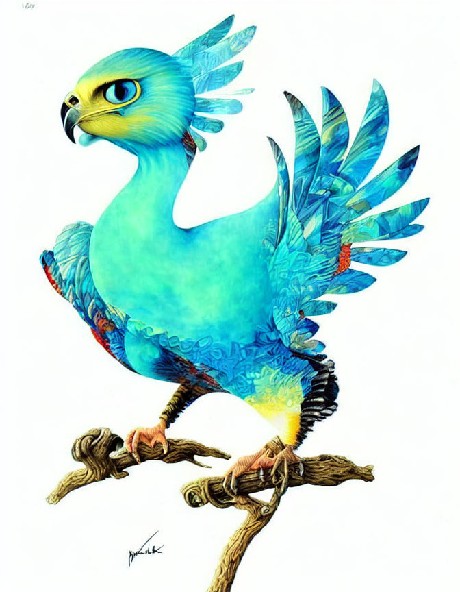 Anthropomorphic bird with blue feathers perched on a branch