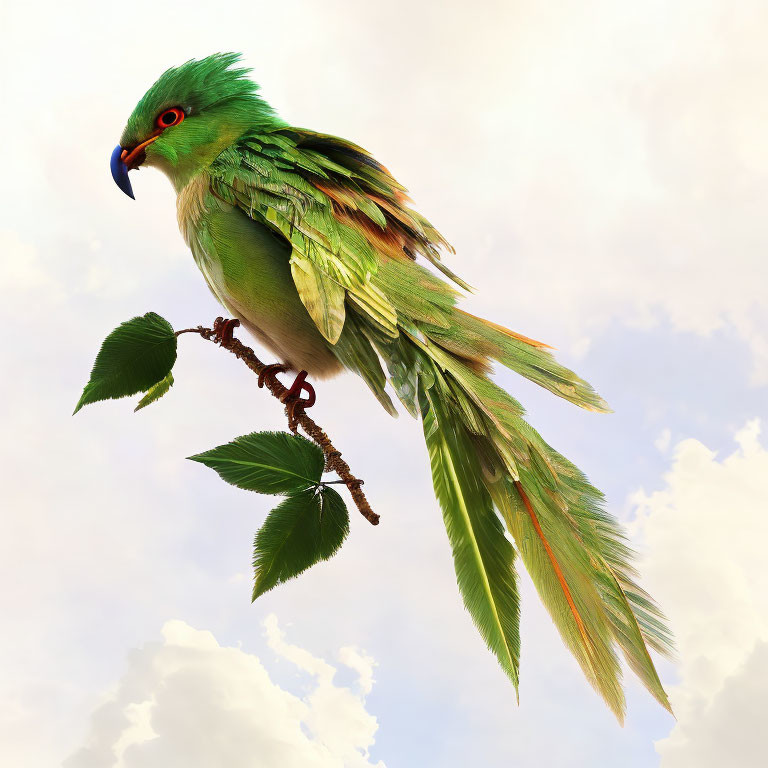 Colorful Fantastical Bird Perched on Branch Against Cloudy Sky