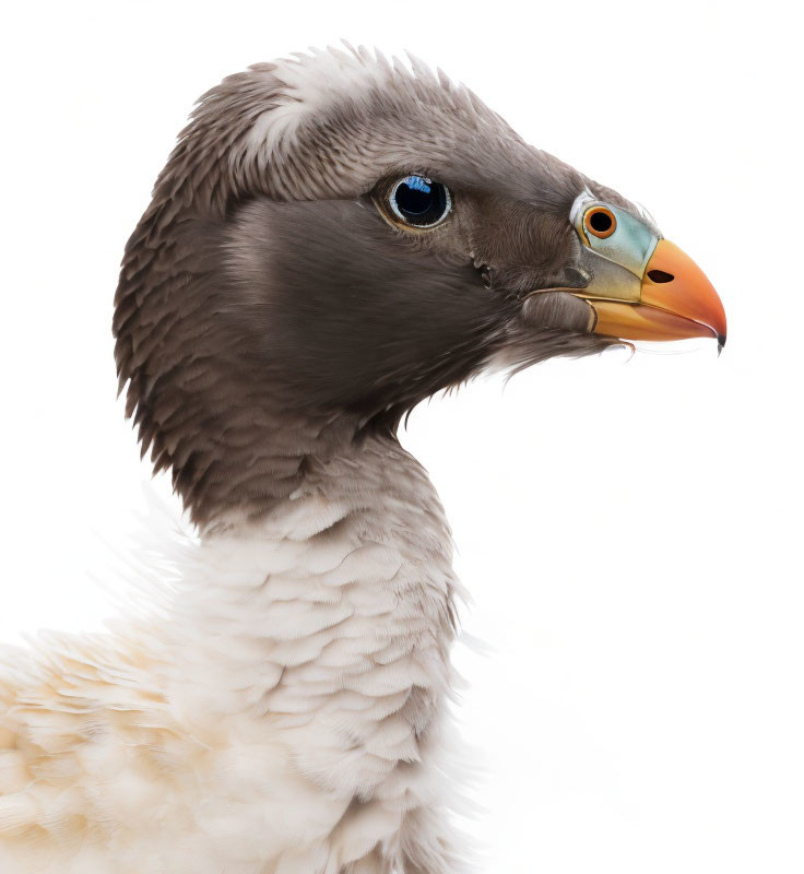 Detailed close-up of eagle with blue eyes and yellow beak on white background