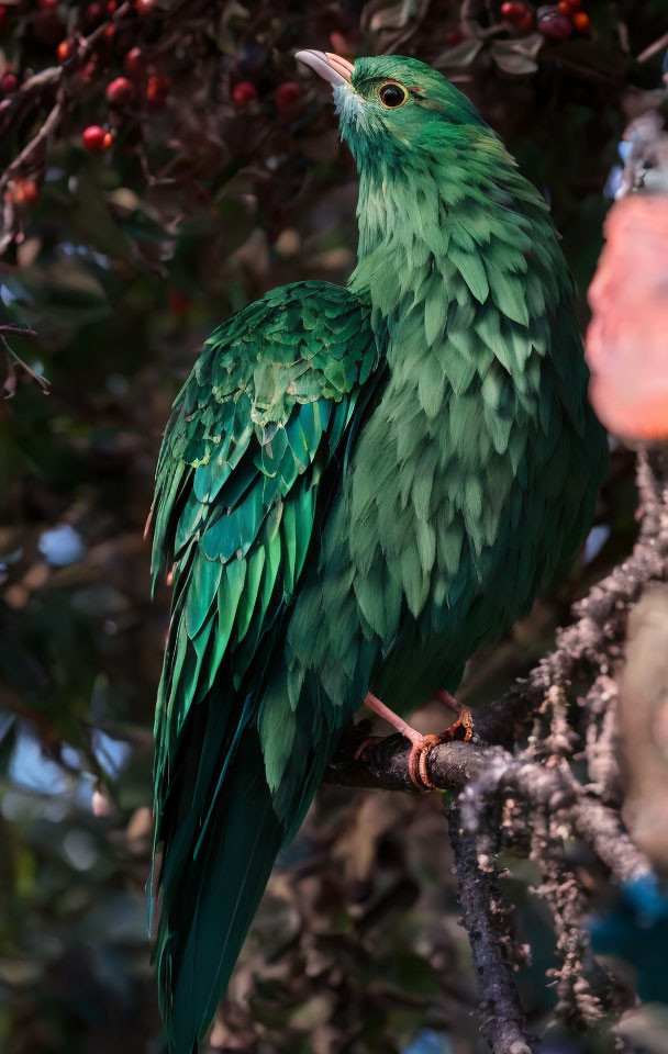 Emerald-Green Bird Among Vibrant Foliage and Berries