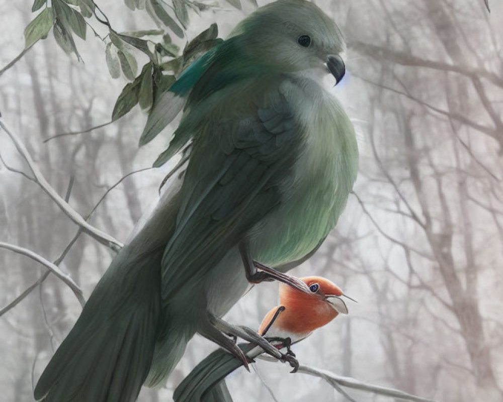 Green and Teal Bird with Orange Bird Perched on Leg in Foggy Forest