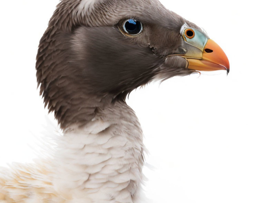 Detailed close-up of eagle with blue eyes and yellow beak on white background