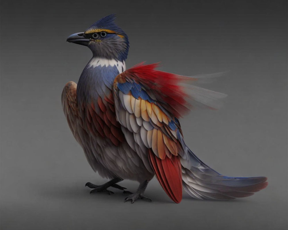 Fantastical bird digital artwork with hawk and peacock features in gray, blue, red, and