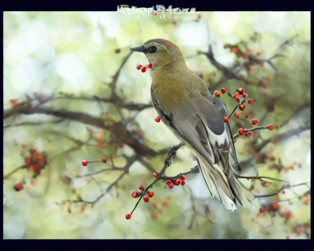 Bird perched on branch with red berries and bokeh background