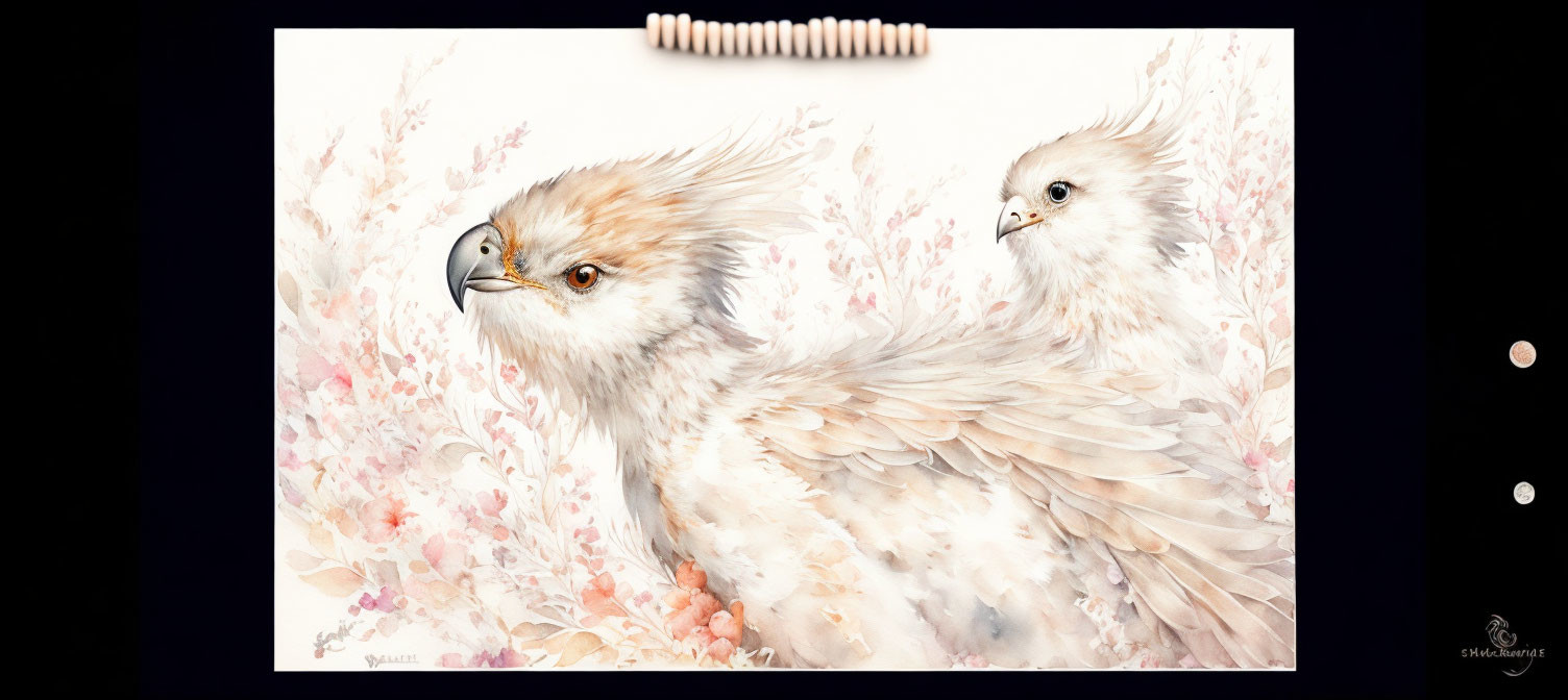 Detailed illustration of serene eagles with intricate feathers against a soft pink floral backdrop