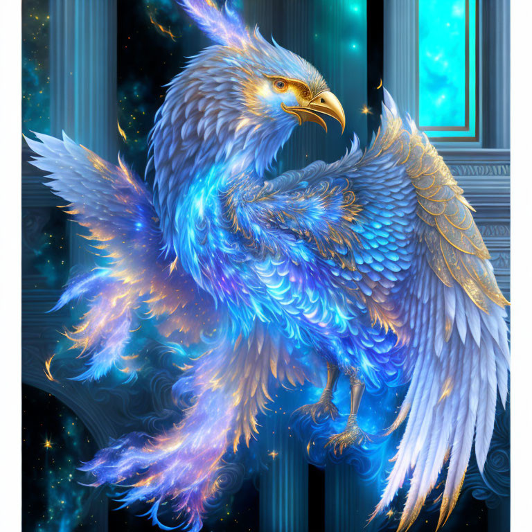 Mystical phoenix digital artwork with glowing blue feathers