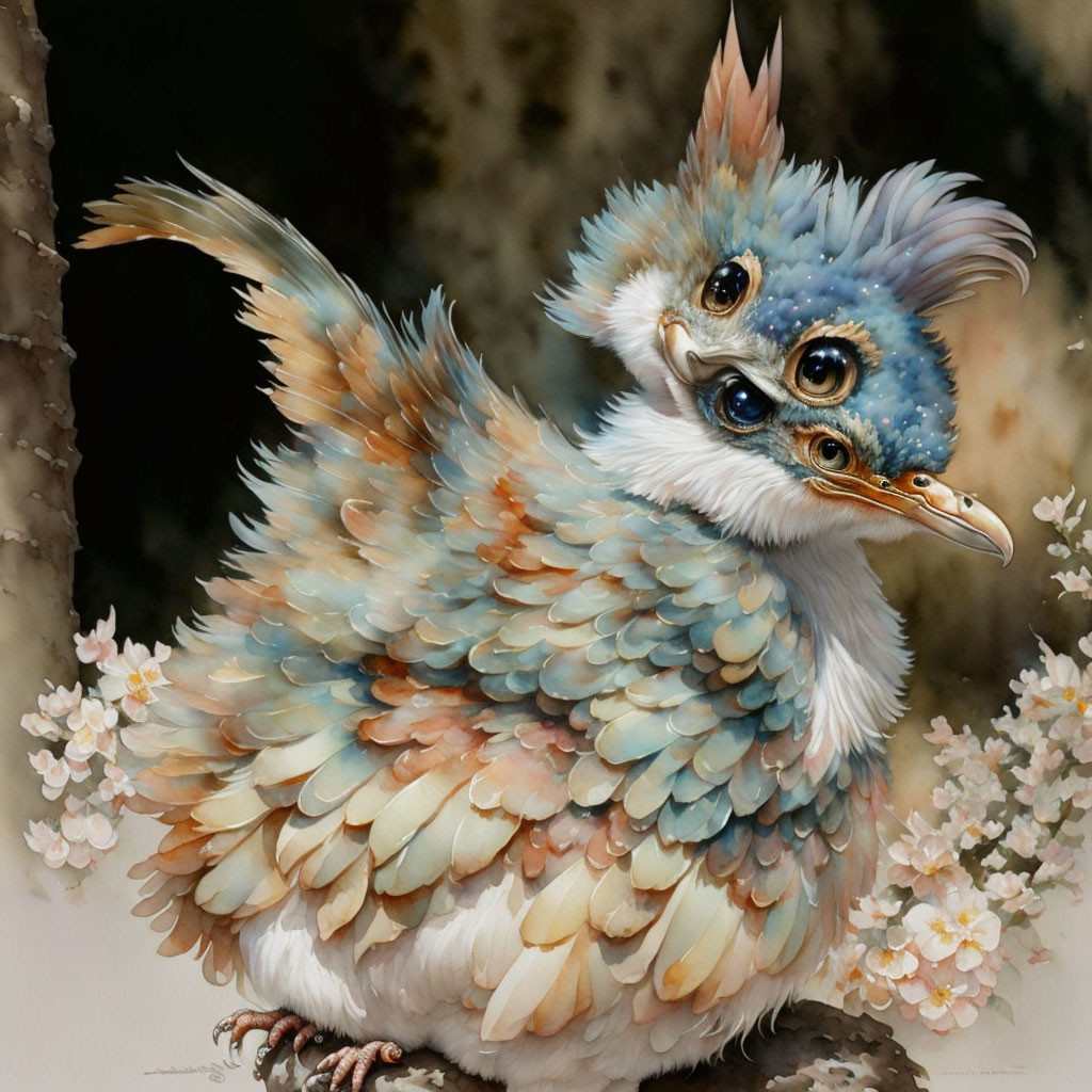 Colorful Plump Bird Creature with Large Blue Eyes