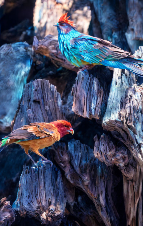 Colorful Birds Perched on Wooden Branches