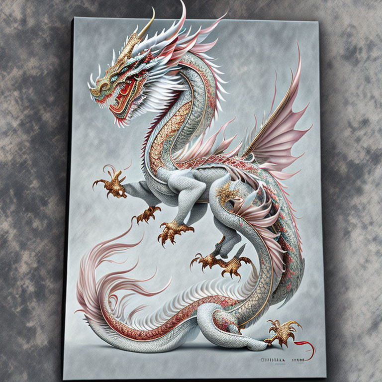 Detailed Artwork of Majestic Dragon with Red Accents and Wings on Gray Textured Background