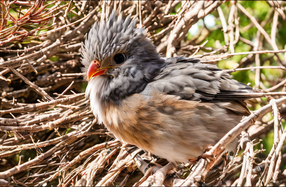 Small bird with gray feathers, orange beak, and crest perched in twig nest