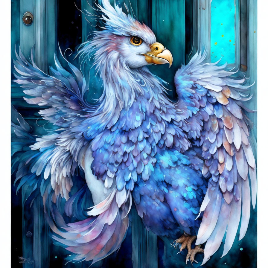 Colorful fantasy bird spreading wings by ornate wooden door