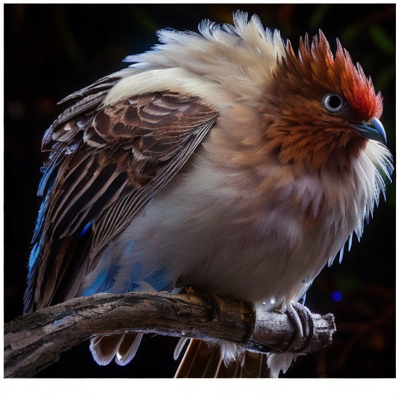 Ruffled bird with beige and brown plumage and red-orange crest perched on branch