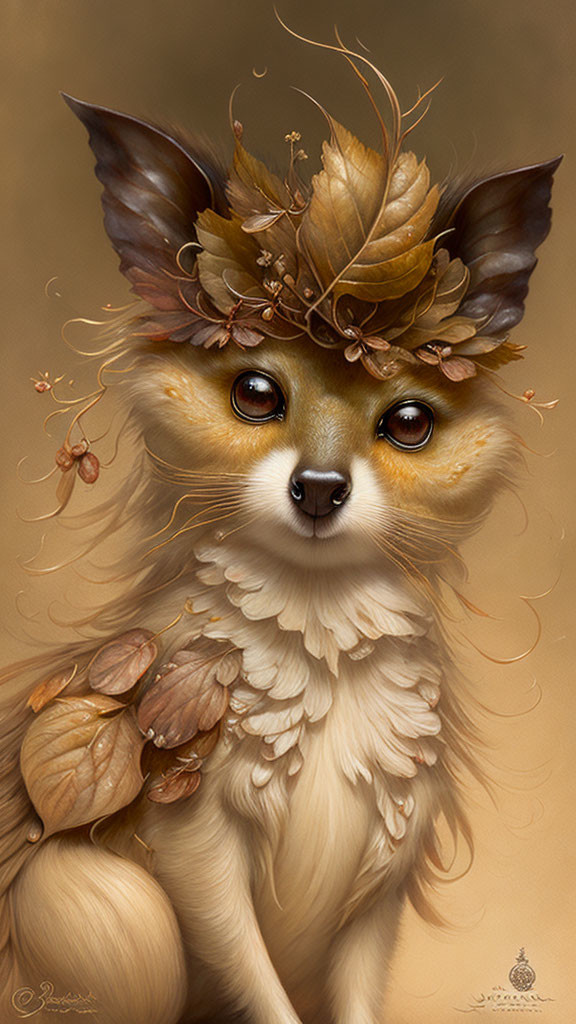 Fox-like creature with leaf and berry ears and human-like eyes.