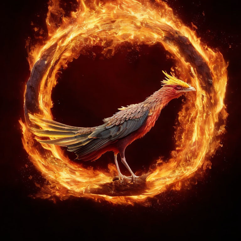 Vibrant phoenix in ring of fire symbolizes rebirth