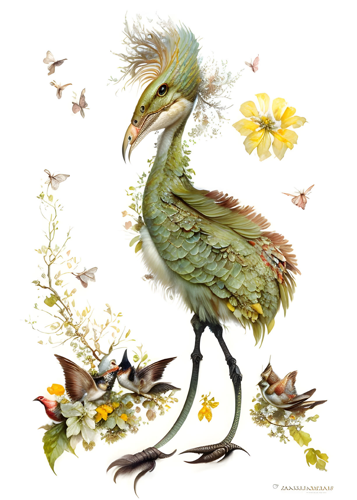 Mythical bird with green plumage and floral surroundings