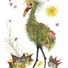 Mythical bird with green plumage and floral surroundings