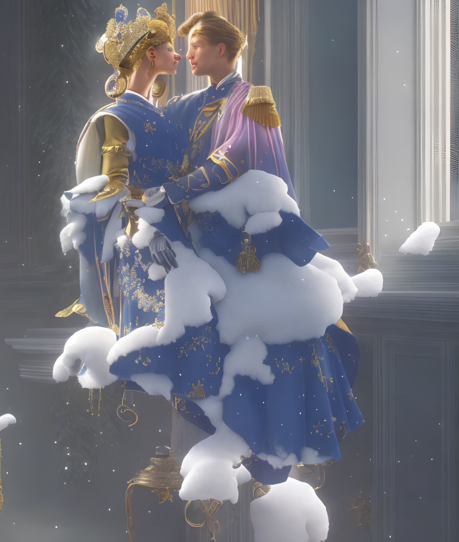 Regal figures embrace in snow-draped setting.