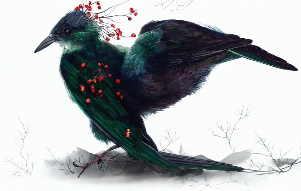 Surreal illustration: Large bird with green feathers, red berries, bare branches on white.