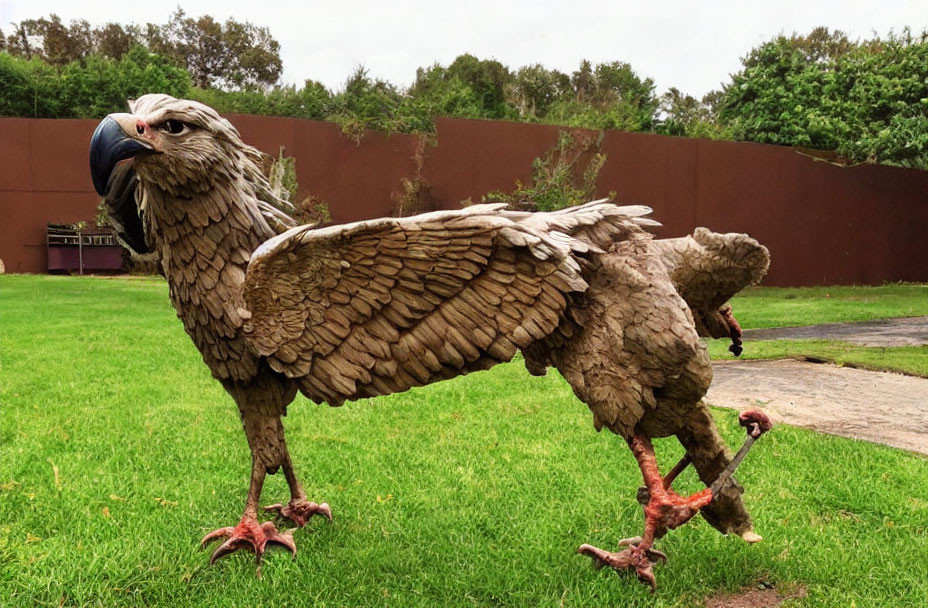 Detailed life-sized bird sculpture on grass with prominent beak and feathers.