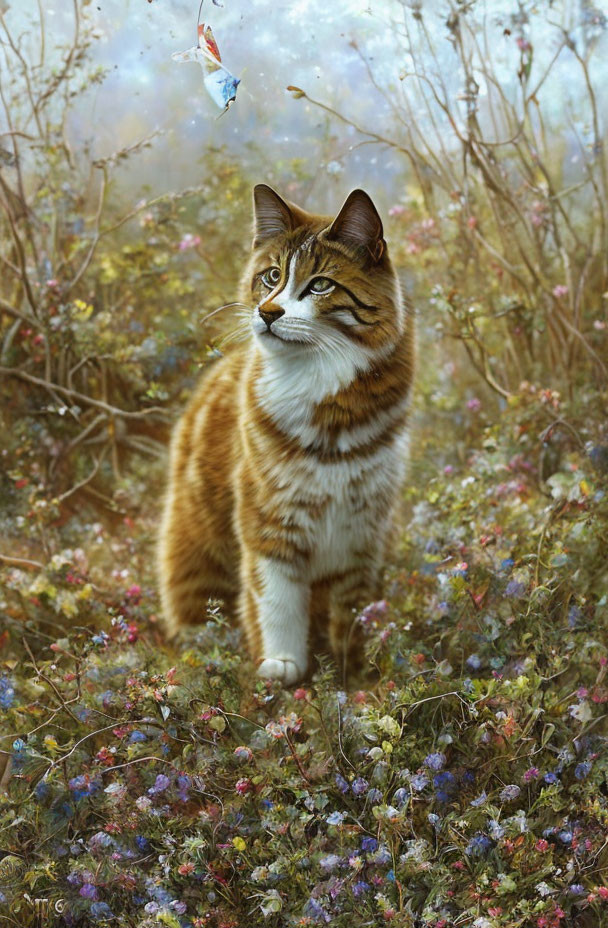 Detailed Painting of a Tabby Cat in a Flower Meadow