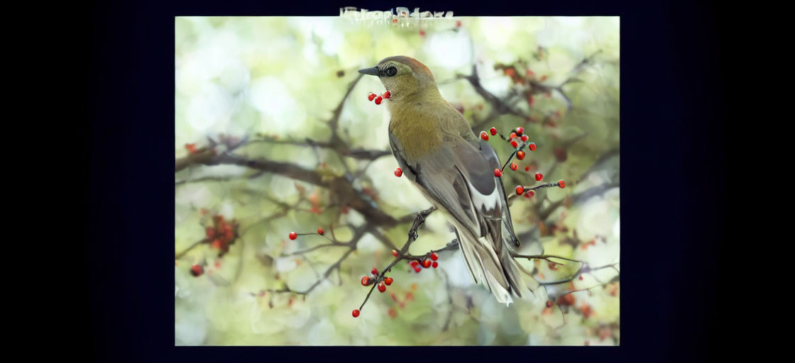 Bird perched on branch with red berries and bokeh background