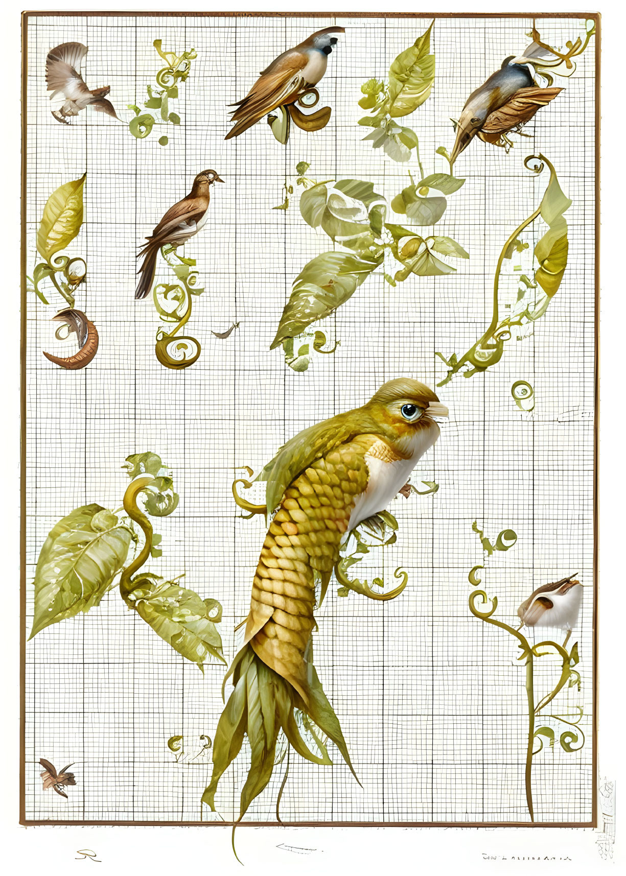 Bird with Leaf Feathers Surrounded by Birds and Plant Motifs on Beige Grid