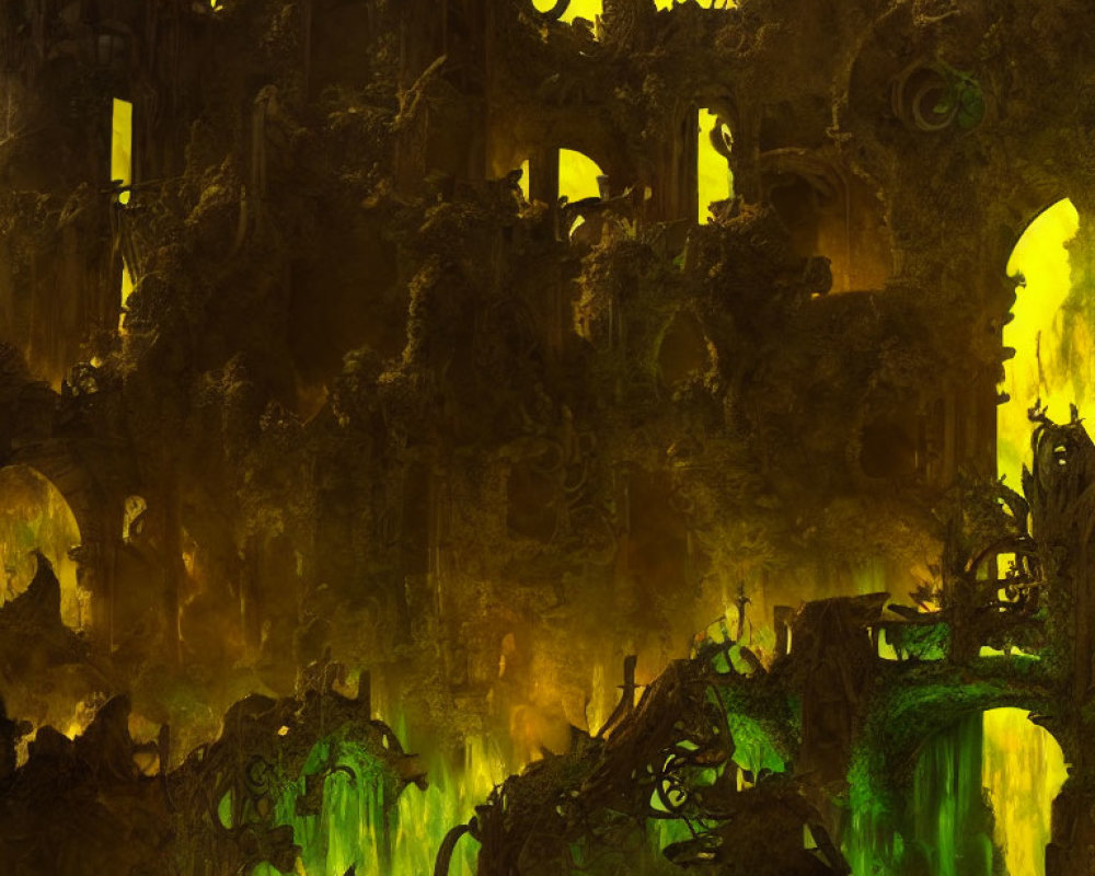 Dystopian landscape with ruins and arches in greenish-yellow glow