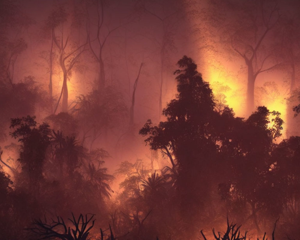 Mystical forest with fog, silhouetted trees, and eerie orange glow