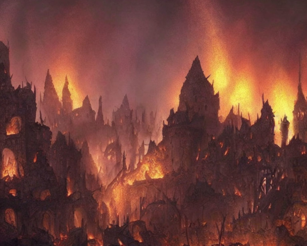 Dystopian landscape with burning buildings and smoke-filled sky